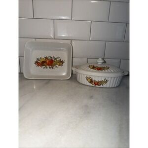 Vtg Stoneware Casserole Dish Lid  Made In Japan Vegetable Harvest Ovenproof